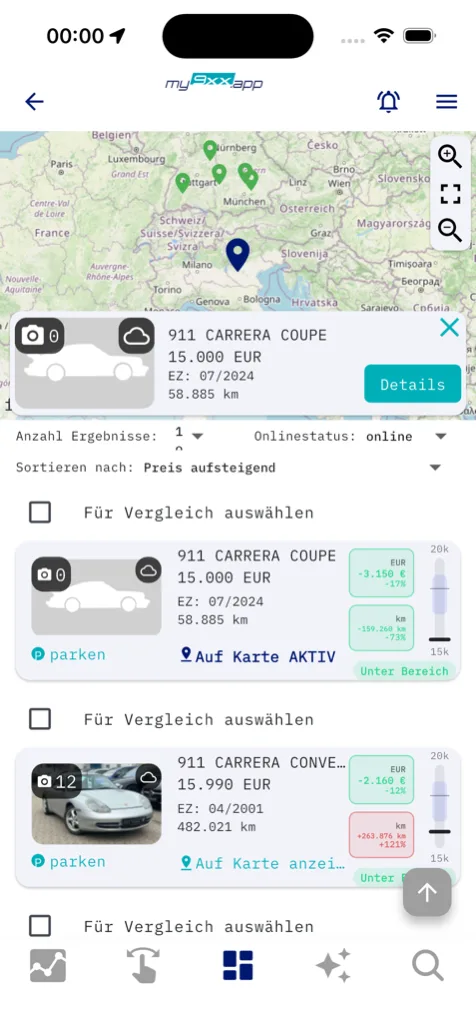 my9xx Ergebnisansicht mit Karte, Pins, Listing-Popup und Preis-/Kilometerindikatoren