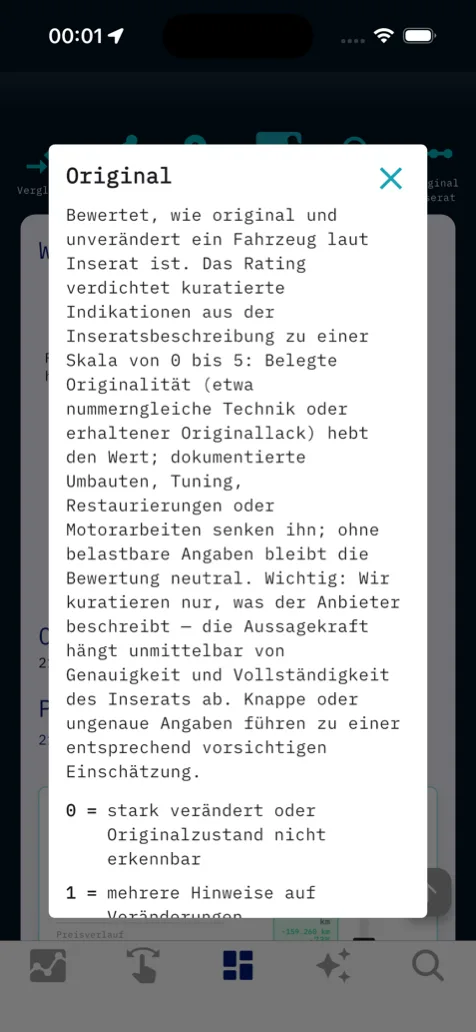 Erklärdialog zur Originalitätsbewertung mit Skala, Indikatoren und Unsicherheitshinweis