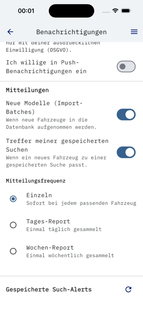 my9xx Benachrichtigungseinstellungen mit Mitteilungs-Toggles und Frequenzwahl